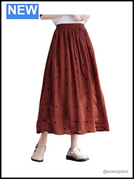 Dresses & Skirts - Women's Polka Dot A-Line Midi Skirt Cotton Pleated Boho Swing